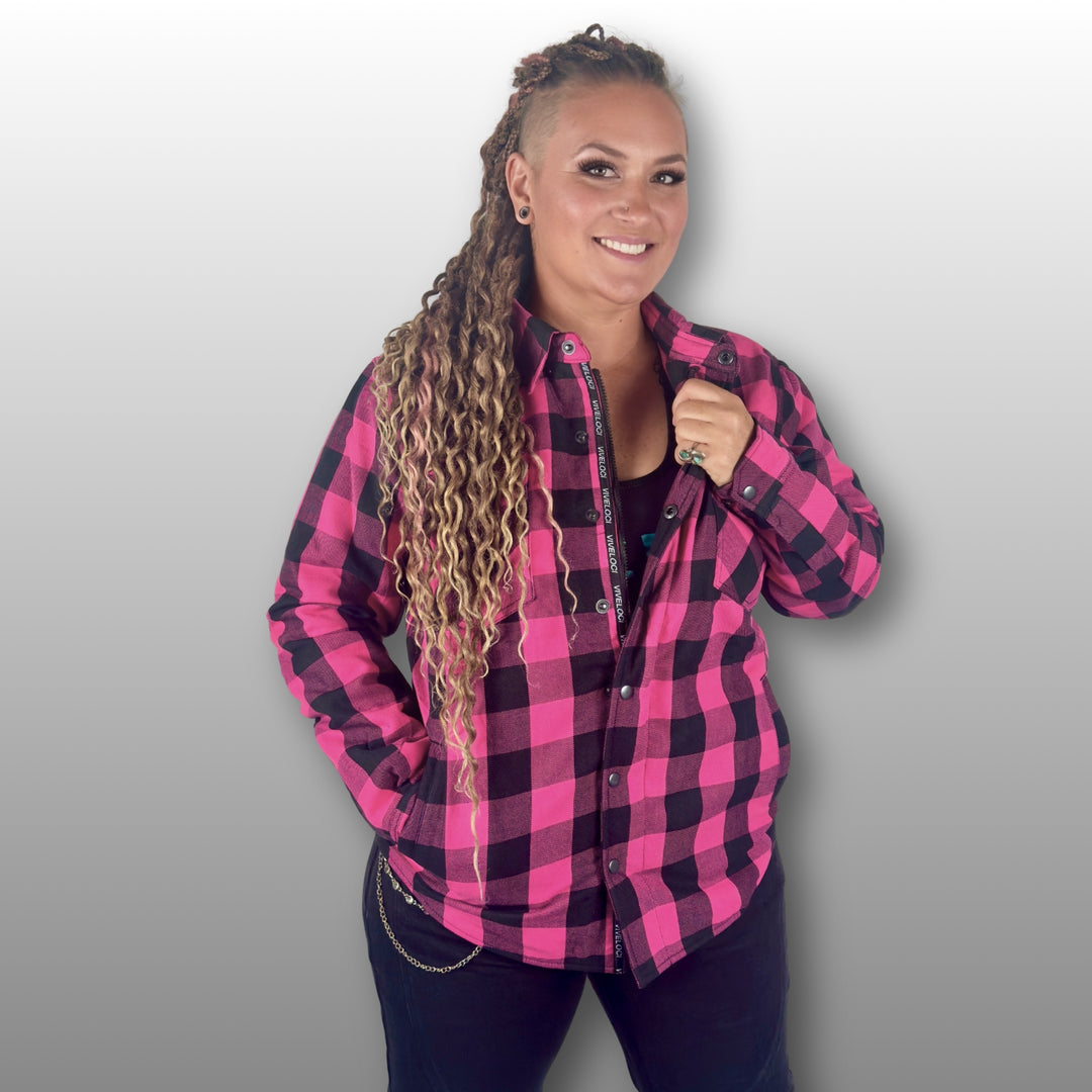 Women’s pink motorcycle riding flannel with Kevlar lining, CE level 1 armor, and Class AA certification
