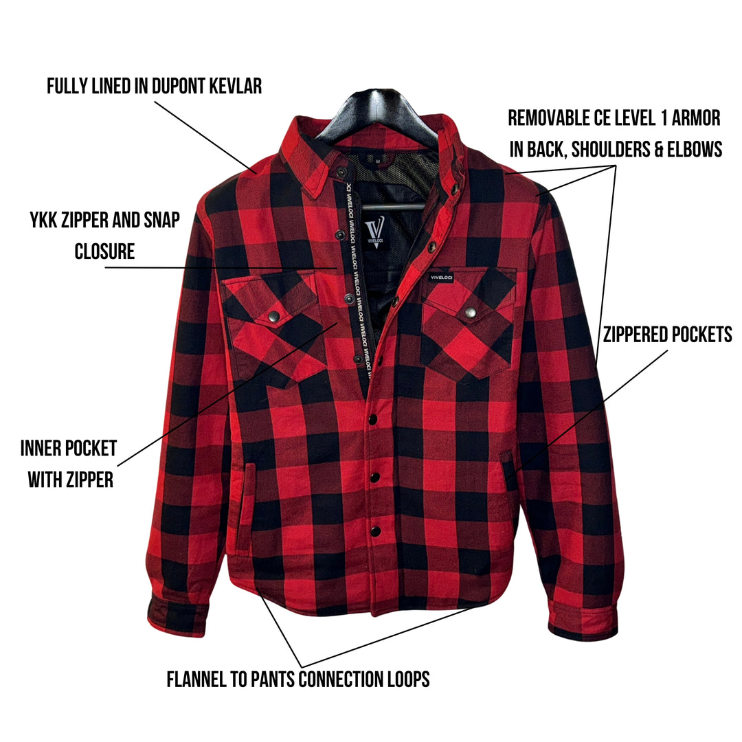 Viveloci Women's Red and Black Kevlar Lined Armored Riding Flannel for women. Zipper and Snaps along front. Snaps on cuffs and collar