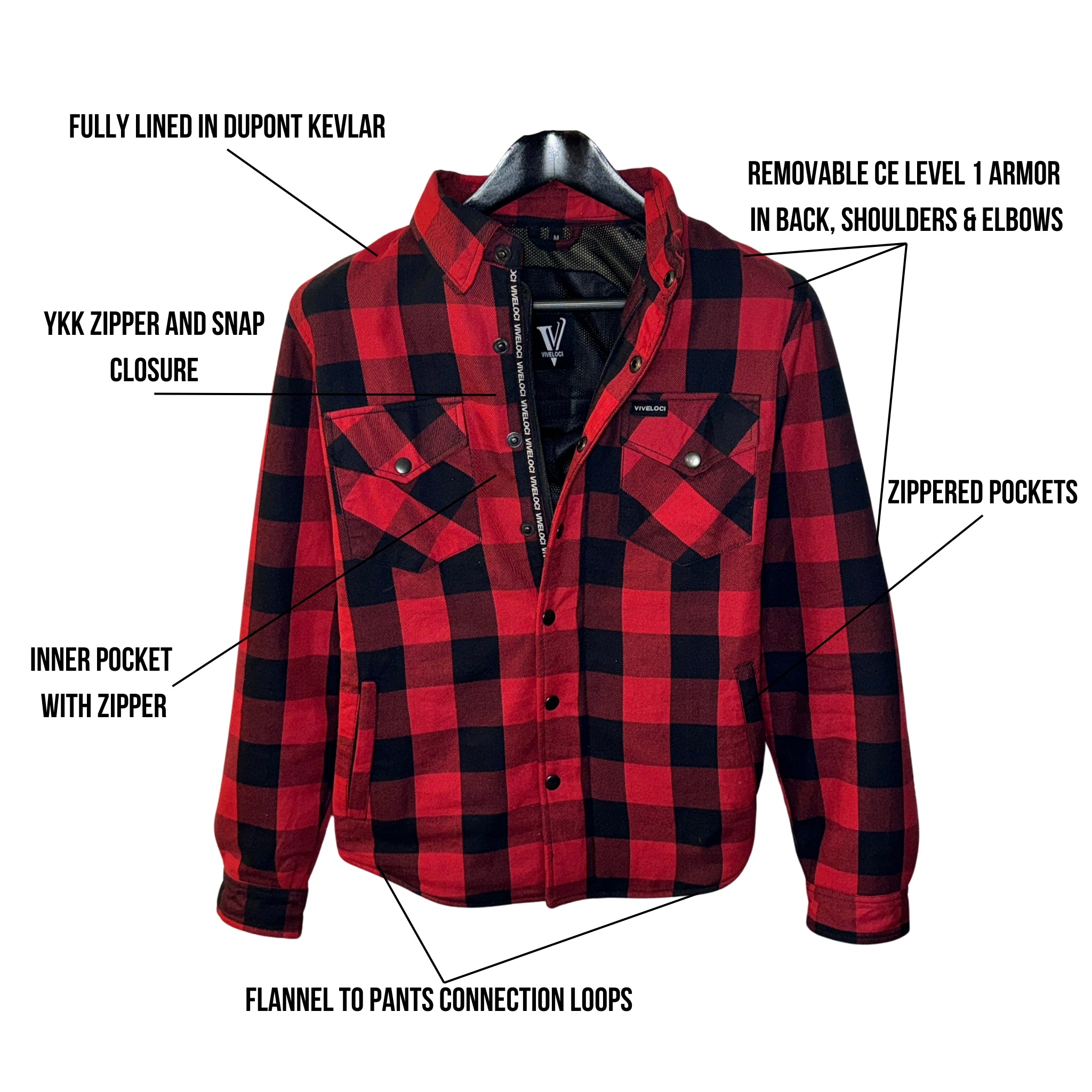 Viveloci Women's Red and Black Kevlar Lined Armored Riding Flannel for women. Zipper and Snaps along front. Snaps on cuffs and collar