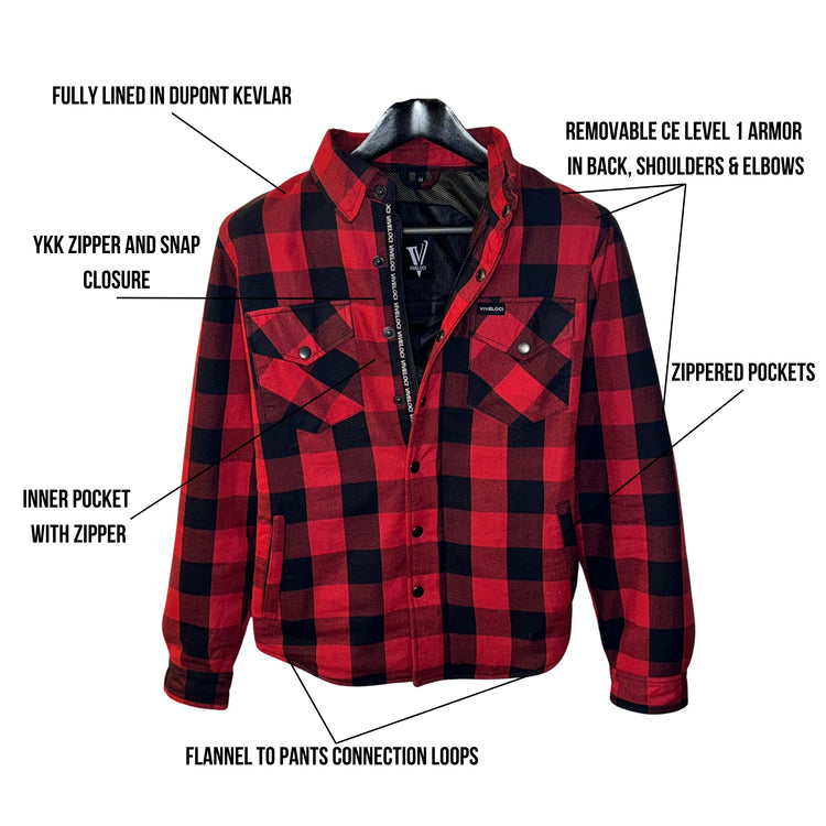 Viveloci Women's Red and Black Kevlar Lined Armored Riding Flannel for women. Zipper and Snaps along front. Snaps on cuffs and collar