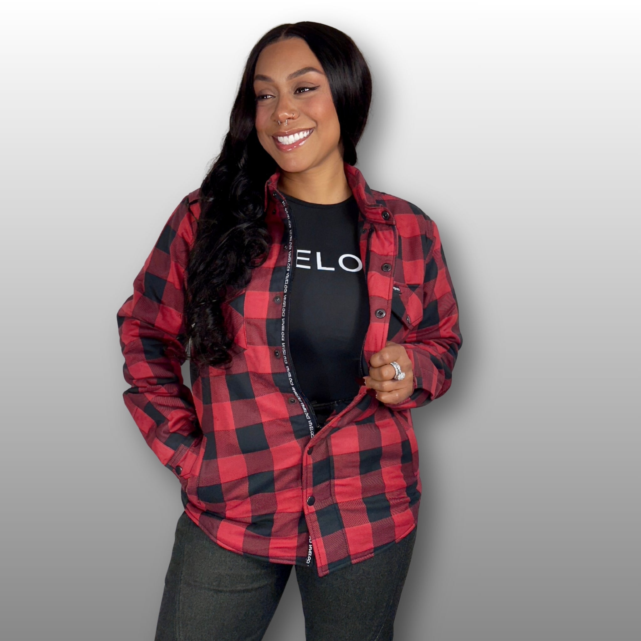 Women’s red and black motorcycle riding flannel with Kevlar lining, CE level 2 armor, and Class AA certification.