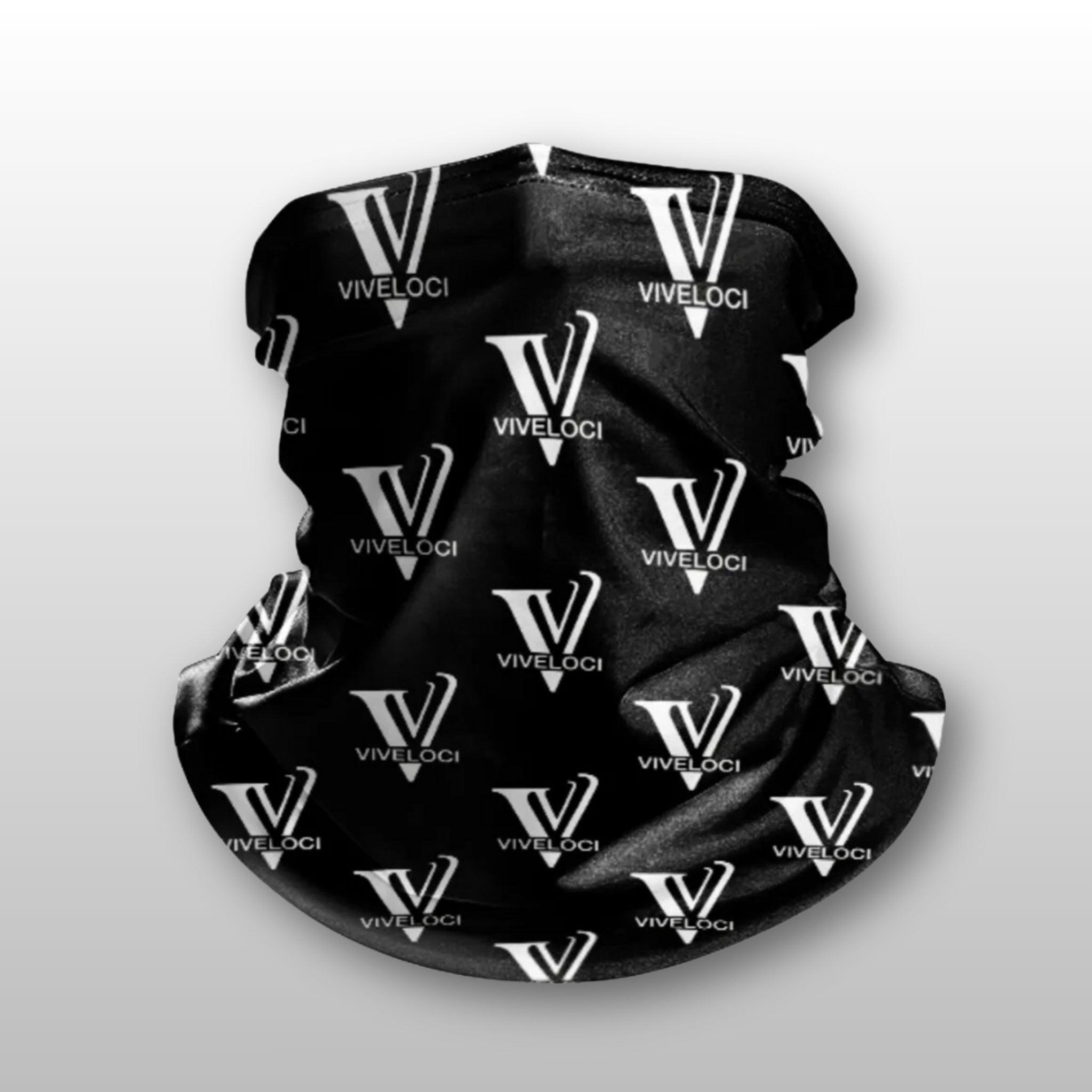 Black neck gaiter with 'Viveloci' logo on a light gray background