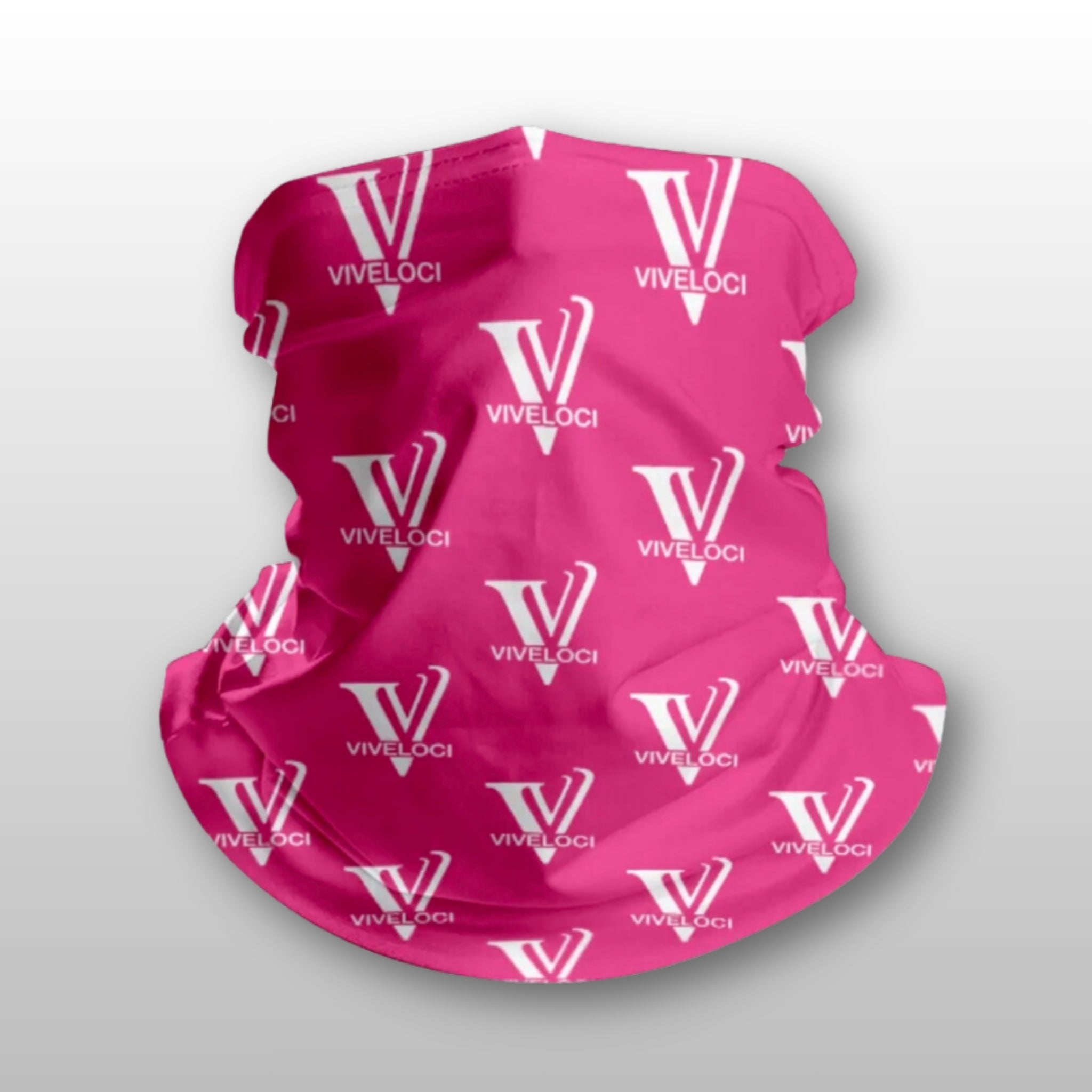 Pink Viveloci neck gaiter on a gray background