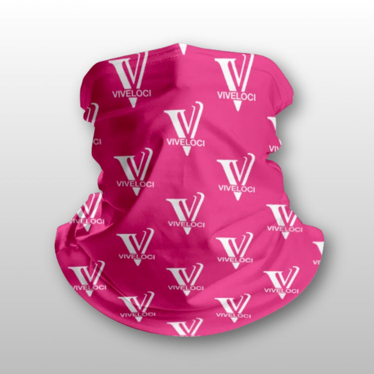 Pink Viveloci neck gaiter on a gray background