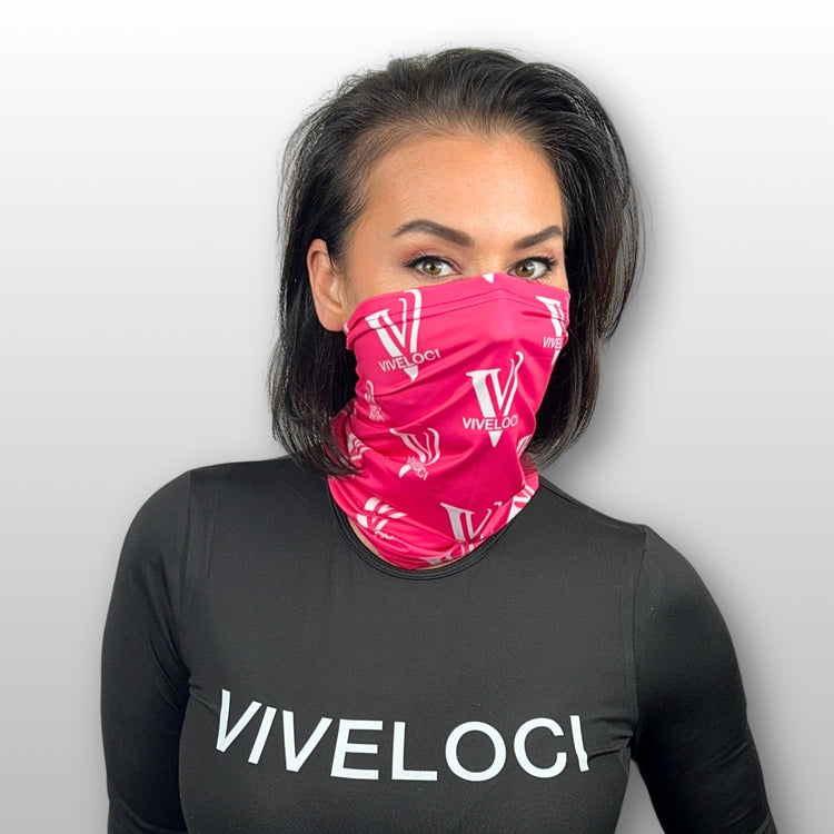 Chrissy wearing a pink Viveloci neck gaiter 