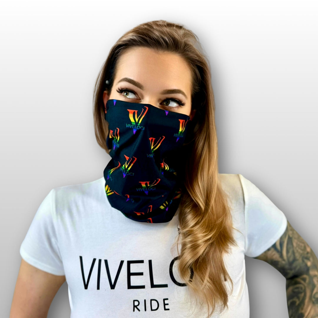 Blair wearing a Viveloci Pride gaiter and a ViVeloci Ride crop top