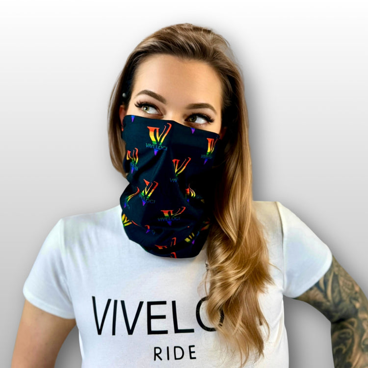 Blair wearing a Viveloci Pride gaiter and a ViVeloci Ride crop top