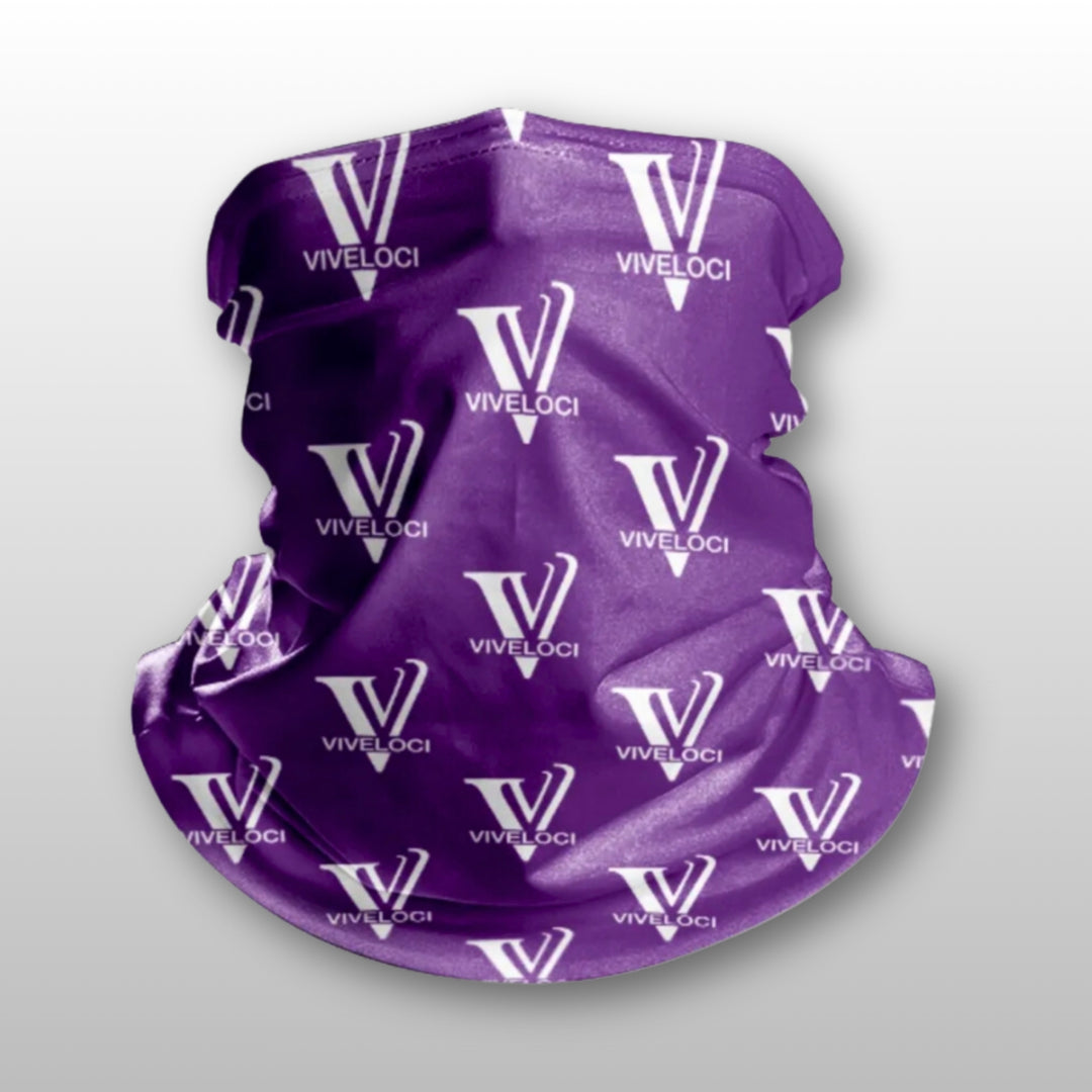 Purple Viveloci neck gaiter on a gray background