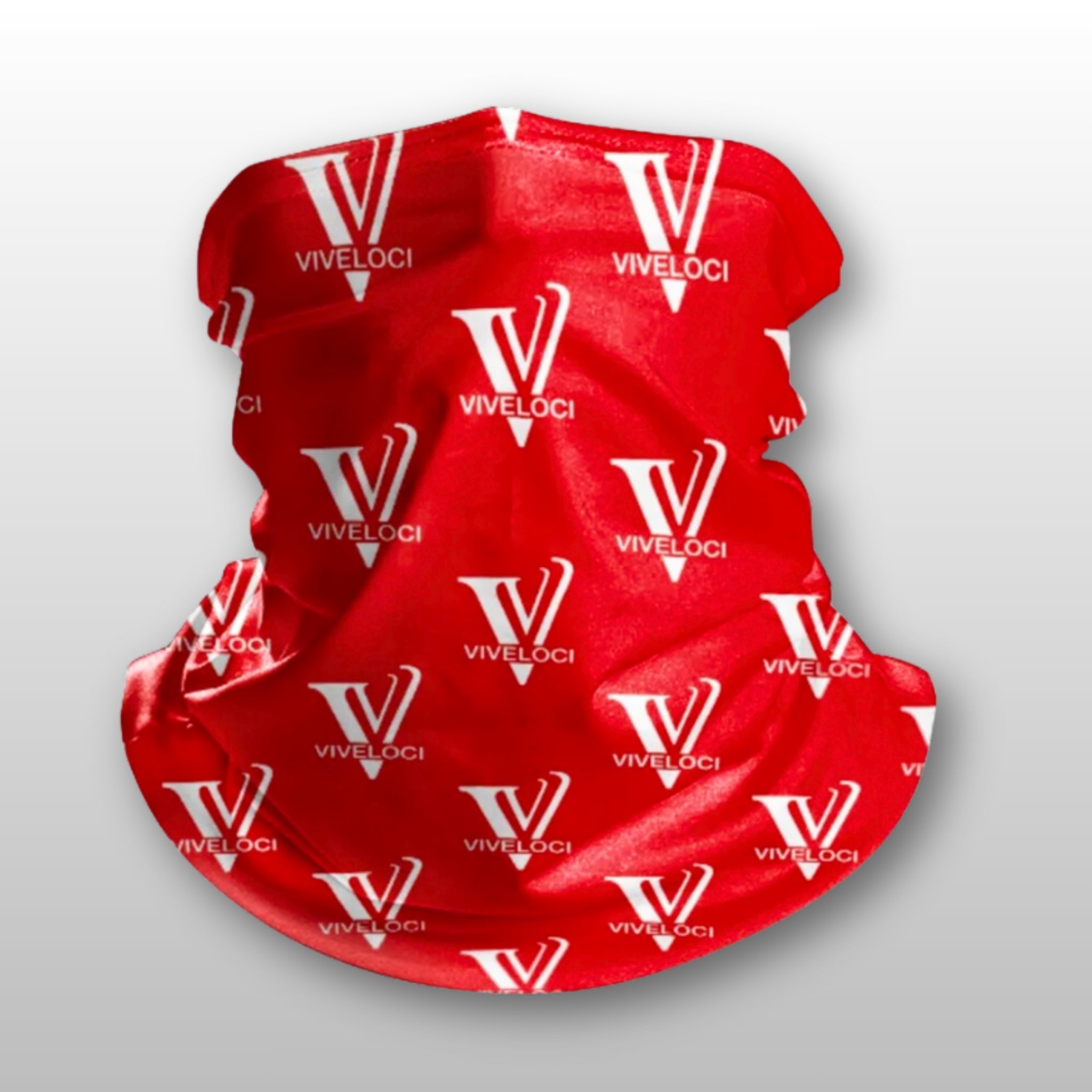 Red Viveloci neck gaiter on a gray background