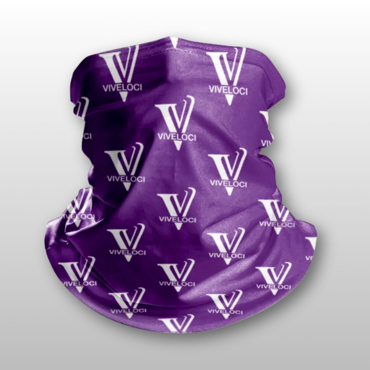 Purple Viveloci neck gaiter on a gray background