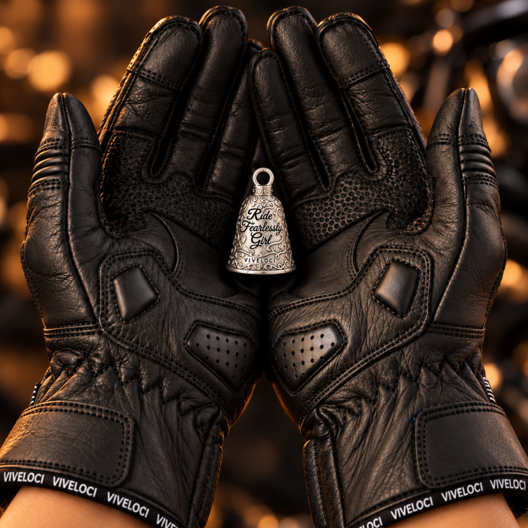 Black leather motorcycle gloves with 'VIVELOCI' branding on the wrist straps, held open to display a small silver bell-shaped pendant engraved with 'Ride Fearlessly, Girl'.