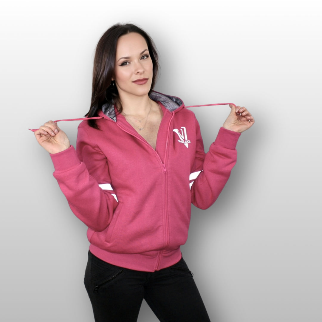 Tiffani is wearing a pink ViVeloci Kevlar Lined, Armored, Motorcycle Hoodie. Reflective back, front and arm bands.  Removable CE Level 1 Armor in Shoulders, Elbows and Back. Two zippered pockets on the outside and one on the inside.