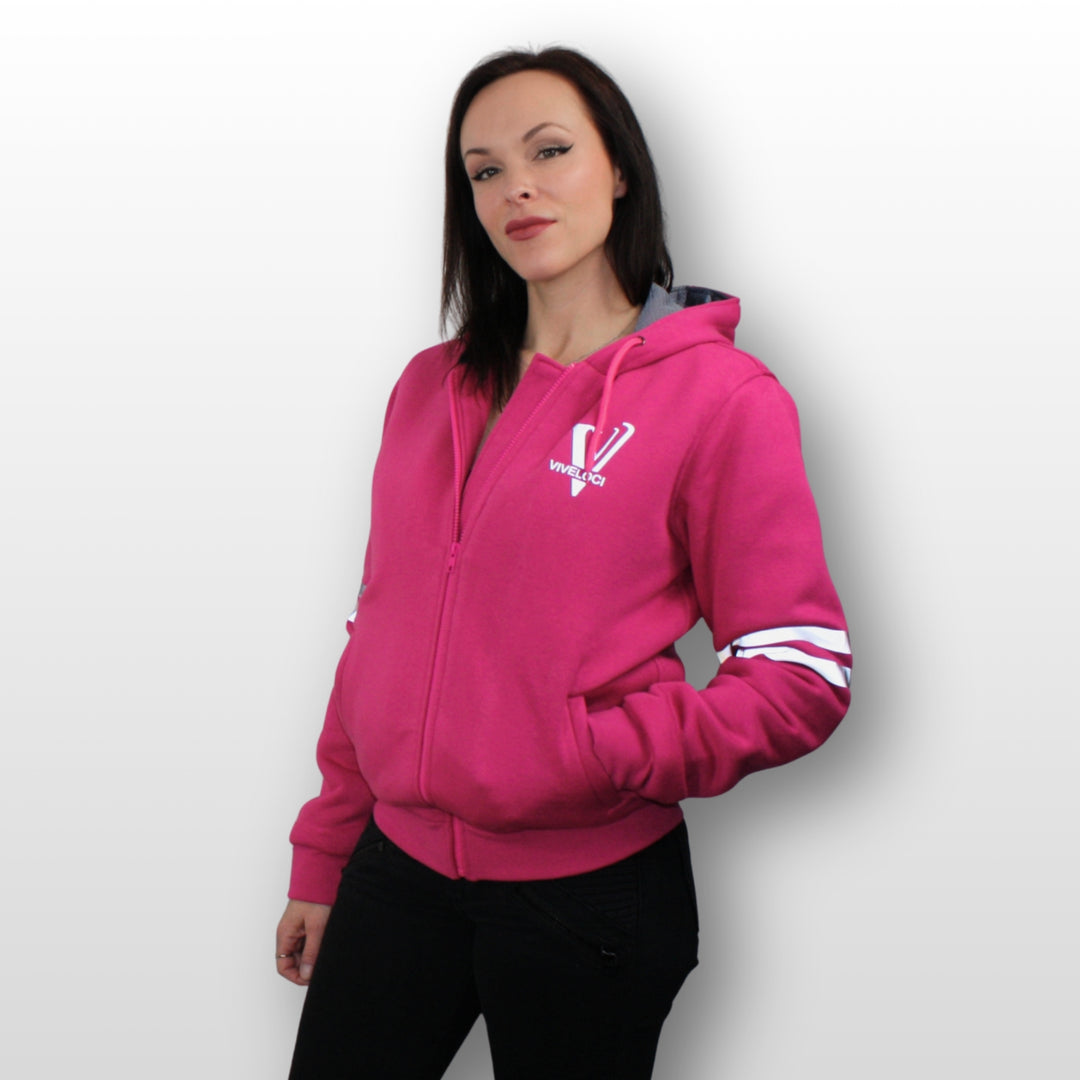 Tiffani is wearing a ViVeloci Kevlar Lined, Armored, Motorcycle Hoodie in Pink.  Reflective back, front and arm bands.  Removable CE Level 1 Armor in Shoulders, Elbows and Back. Two zippered pockets on the outside and one on the inside.