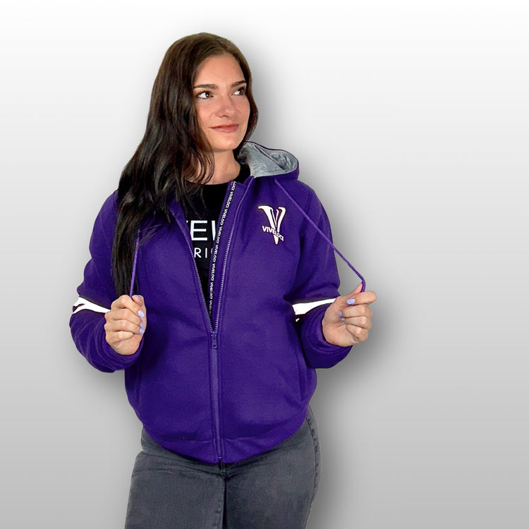 Kendra wearing Viveloci Women's Kevlar Lined, Armored, Motorcycle Hoodie in Purple.  Reflective back, front and arm bands.  Removable CE Level 1 Armor in Shoulders, Elbows and Back. Two zippered pockets on the outside and one on the inside. 