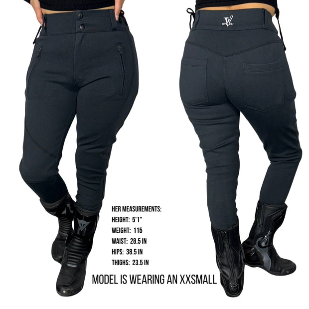 IMPAVIDA II Moto Stretch Pants are made from a new highly stretchable, abrasion resistant material that will protect your skin while still being comfortable and flexible. Designed for a woman’s body with a lot of stretch to accommodate for our curves! Hidden inner pockets for CE Level 2 hip, knee and tailbone impact protection armor (included)