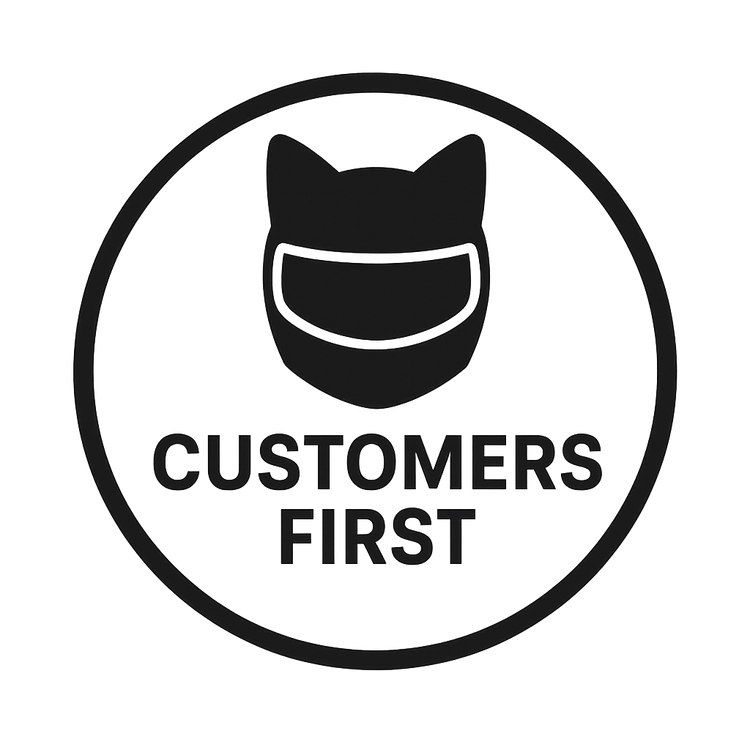 Logo with a helmet icon and 'Customers First' text on a white background