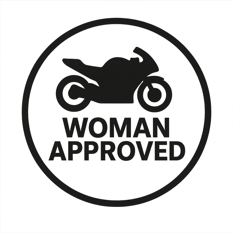 Logo with motorcycle silhouette and 'Woman Approved' text on a green background