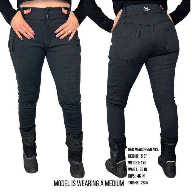 IMPAVIDA II Moto Stretch Pants are made from a new highly stretchable, abrasion resistant material that will protect your skin while still being comfortable and flexible. Designed for a woman’s body with a lot of stretch to accommodate for our curves! Hidden inner pockets for CE Level 2 hip, knee and tailbone impact protection armor (included)