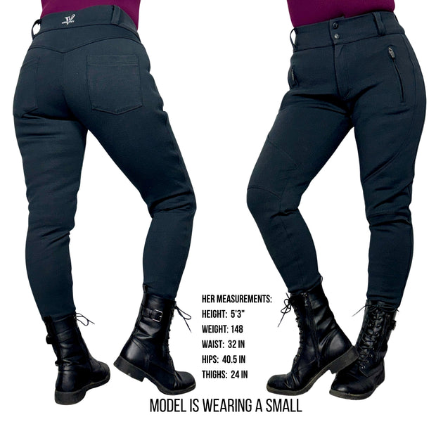 IMPAVIDA II Moto Stretch Pants are made from a new highly stretchable, abrasion resistant material that will protect your skin while still being comfortable and flexible. Designed for a woman’s body with a lot of stretch to accommodate for our curves! Hidden inner pockets for CE Level 2 hip, knee and tailbone impact protection armor (included)