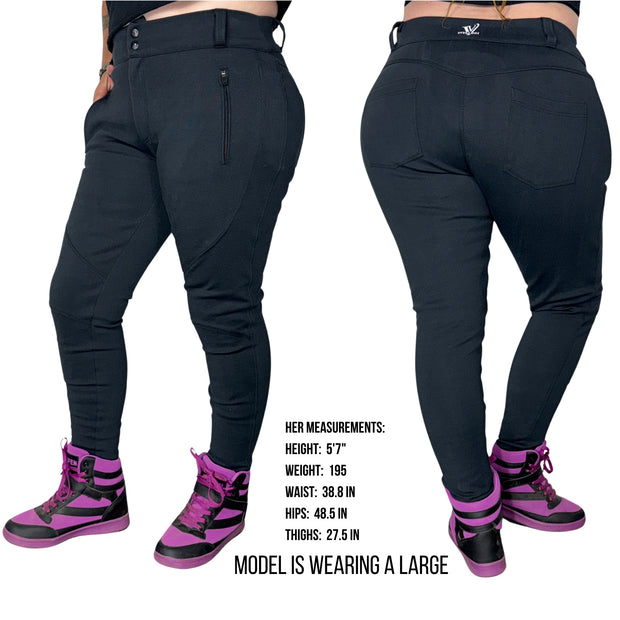 IMPAVIDA II Moto Stretch Pants are made from a new highly stretchable, abrasion resistant material that will protect your skin while still being comfortable and flexible. Designed for a woman’s body with a lot of stretch to accommodate for our curves! Hidden inner pockets for CE Level 2 hip, knee and tailbone impact protection armor (included)