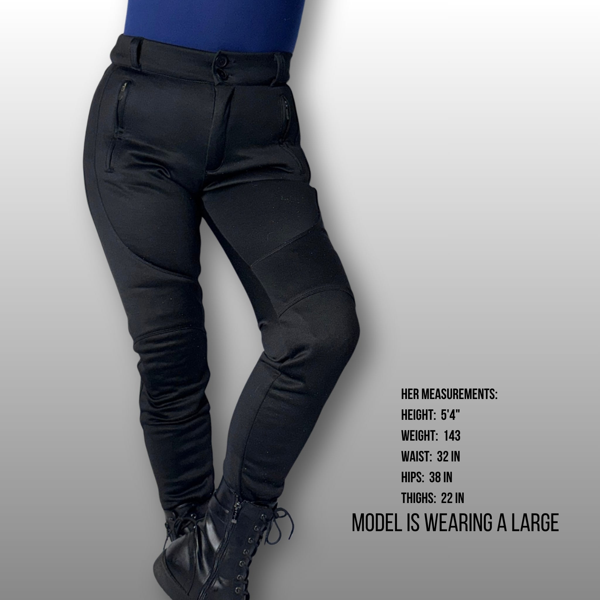 product stretch pants white background size comparison model is wearing a large