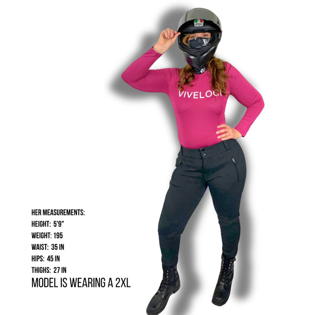 IMPAVIDA II Moto Stretch Pants are made from a new highly stretchable, abrasion resistant material that will protect your skin while still being comfortable and flexible. Designed for a woman’s body with a lot of stretch to accommodate for our curves! Hidden inner pockets for CE Level 2 hip, knee and tailbone impact protection armor (included)