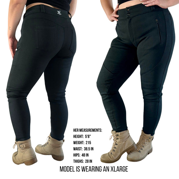 IMPAVIDA II Moto Stretch Pants are made from a new highly stretchable, abrasion resistant material that will protect your skin while still being comfortable and flexible. Designed for a woman’s body with a lot of stretch to accommodate for our curves! Hidden inner pockets for CE Level 2 hip, knee and tailbone impact protection armor (included)