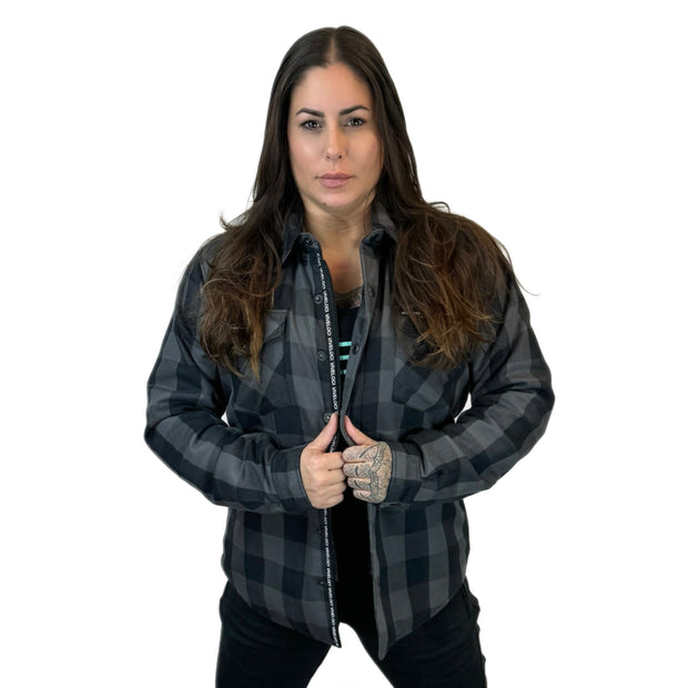 Grey and Black Kevlar Lined Armored Riding Flannel for women. Zipper and Snaps along front. Snaps on cuffs and collar