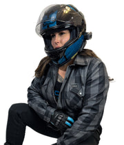 Grey and Black Kevlar Lined Armored Riding Flannel for women. Zipper and Snaps along front. Snaps on cuffs and collar