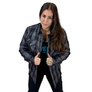 Grey and Black Kevlar Lined Armored Riding Flannel for women. Zipper and Snaps along front. Snaps on cuffs and collar