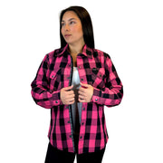 Pink and Black Kevlar Lined Armored Riding Flannel for women. Zipper and Snaps along front. Snaps on cuffs and collar