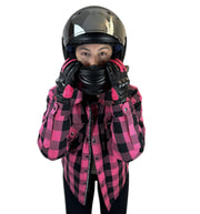 Pink and Black Kevlar Lined Armored Riding Flannel for women. Zipper and Snaps along front. Snaps on cuffs and collar