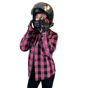 Pink and Black Kevlar Lined Armored Riding Flannel for women. Zipper and Snaps along front. Snaps on cuffs and collar