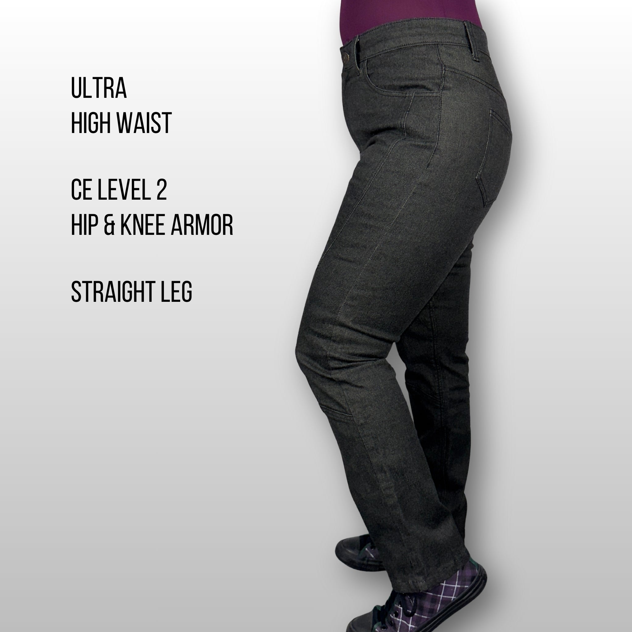Deanna wearing size 30 Black La Capa Motorcycle Denim Riding Jeans