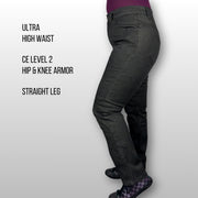 Deanna wearing size 30 Black La Capa Motorcycle Denim Riding Jeans