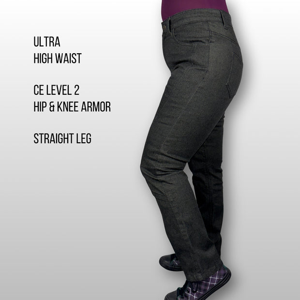 Deanna wearing size 30 Black La Capa Motorcycle Denim Riding Jeans