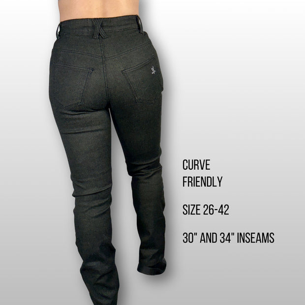 Juie wearing size 28 Black La Capa Motorcycle Denim Riding Jeans