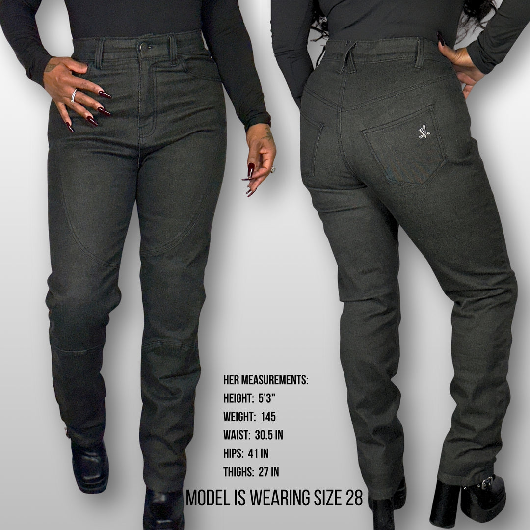 Betty wearing size 28 Black La Capa Motorcycle Denim Riding Jeans