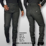 Betty wearing size 28 Black La Capa Motorcycle Denim Riding Jeans