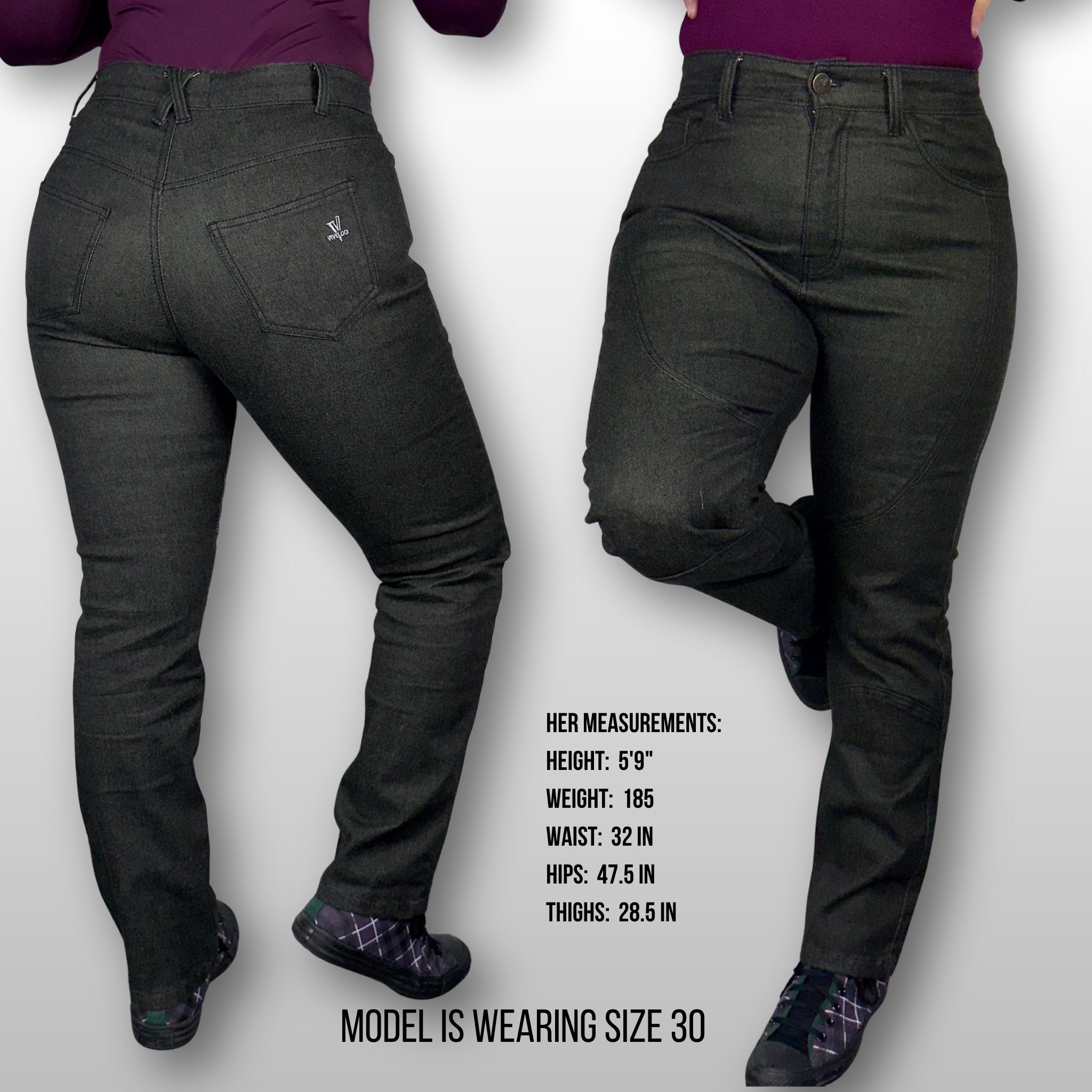 Deanna wearing size 30 Black La Capa Motorcycle Denim Riding Jeans