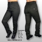 Julie wearing size 28 Black La Capa Motorcycle Denim Riding Jeans