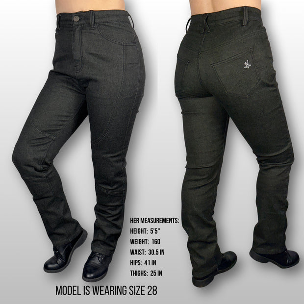 Julie wearing size 28 Black La Capa Motorcycle Denim Riding Jeans