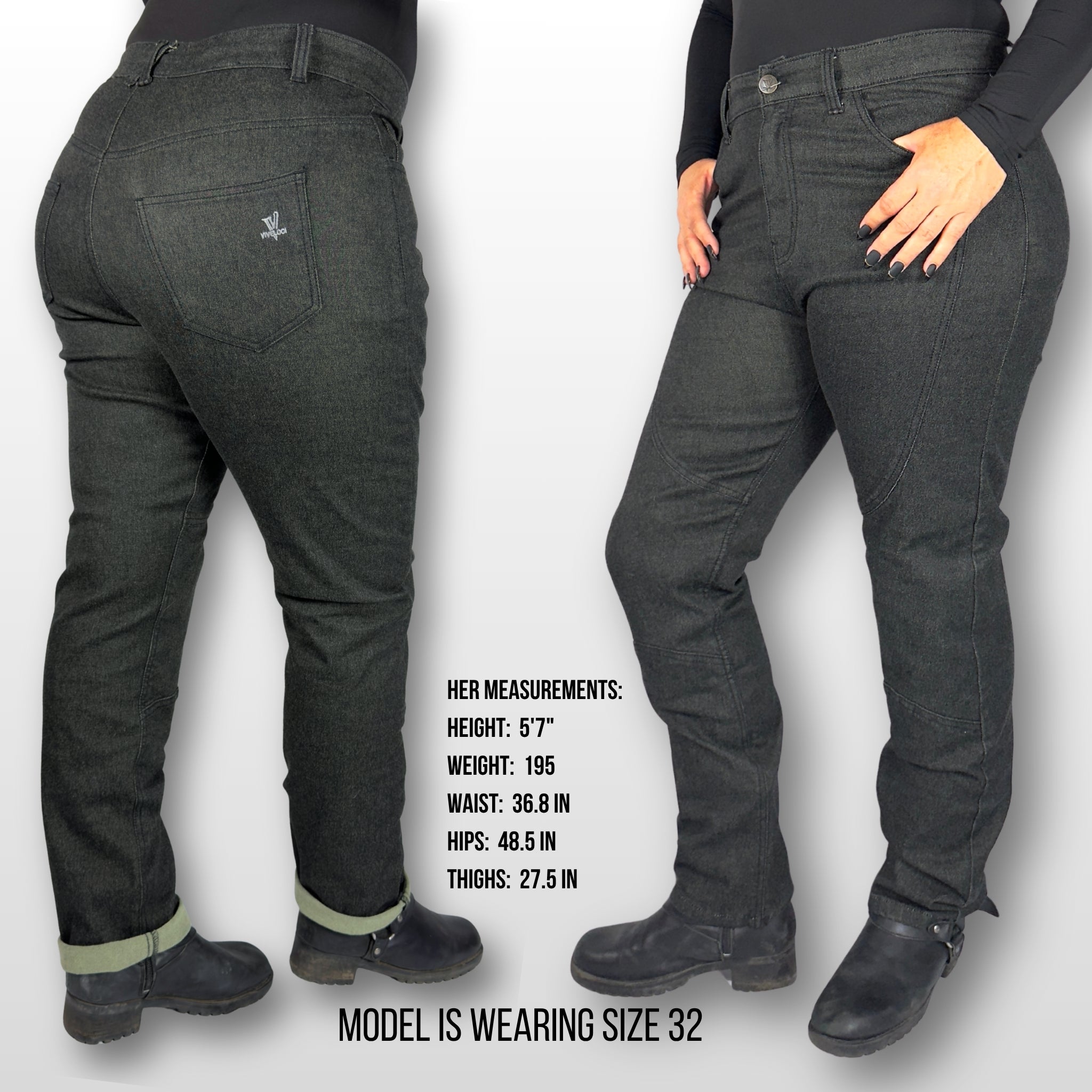 Miranda wearing size 32 Black La Capa Motorcycle Denim Riding Jeans