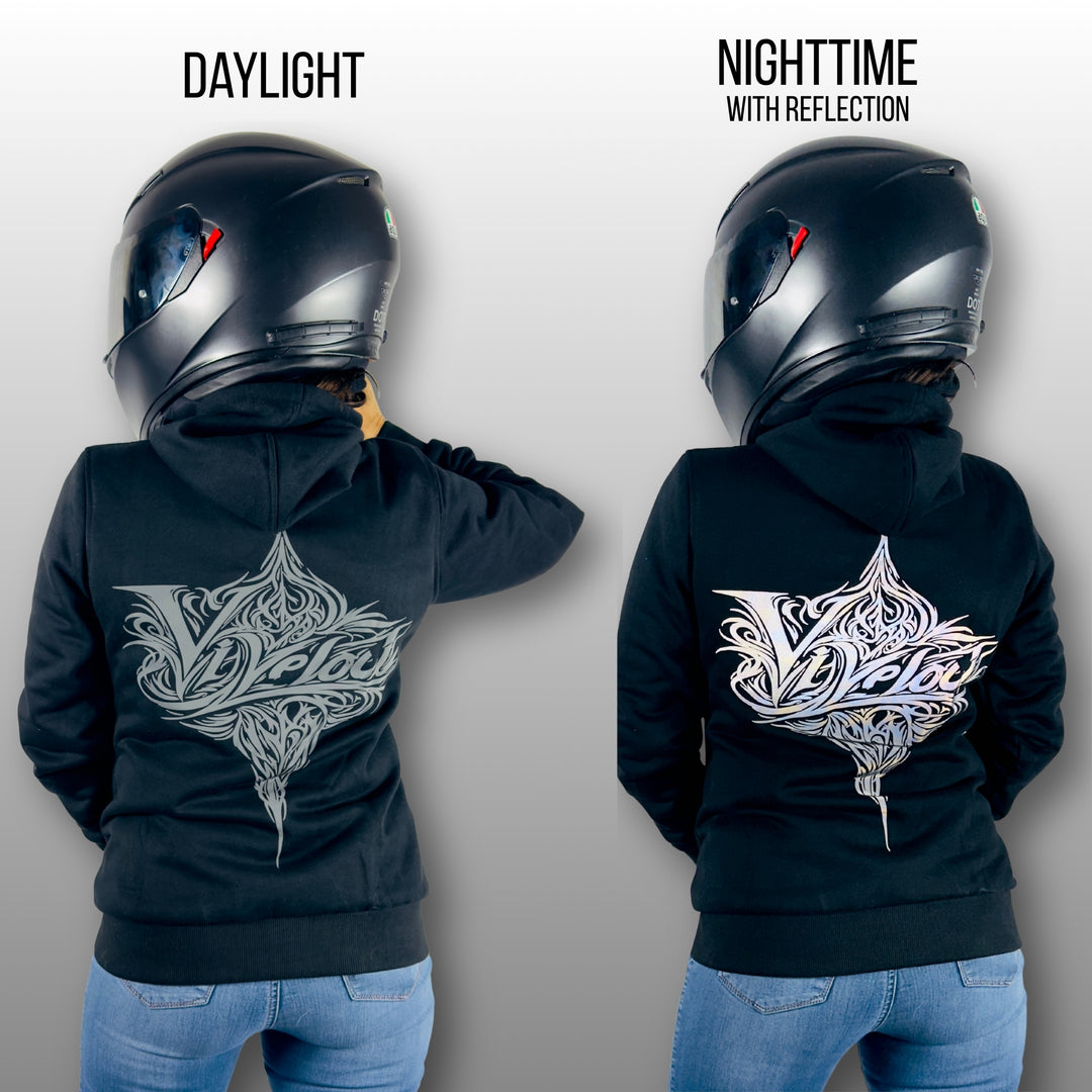 hoodie black reflective daylight vs nighttime with reflection