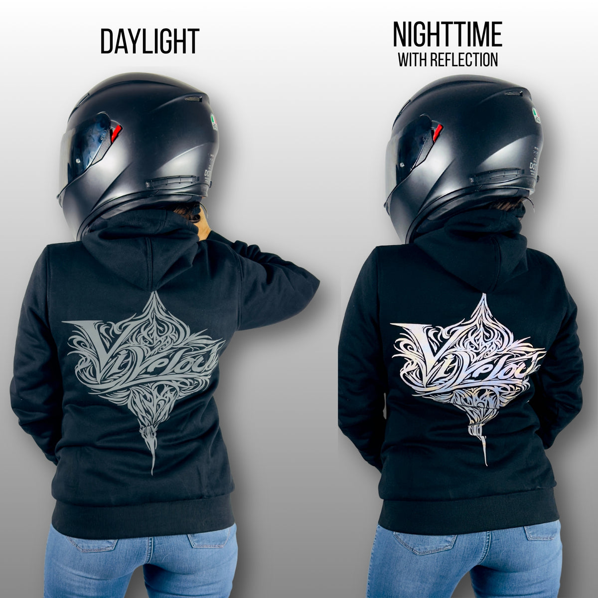 hoodie black reflective daylight vs nighttime with reflection
