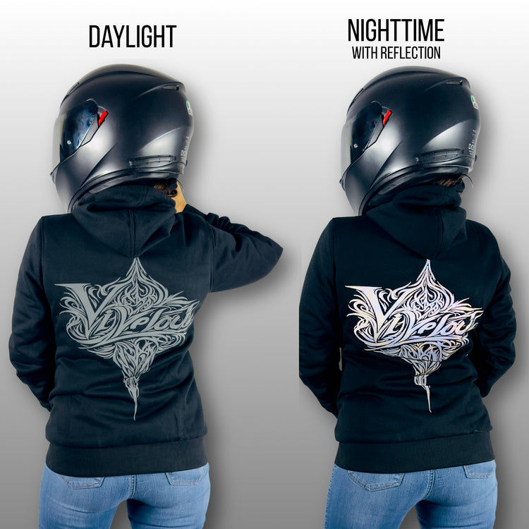 hoodie black reflective daylight vs nighttime with reflection