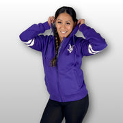 Viveloci Womens Kevlar Lined, Armored, Motorcycle Hoodie in Purple.  Reflective back, front and arm bands.  Removable CE Level 1 Armor in Shoulders, Elbows and Back. Two zippered pockets on the outside and one on the inside. 