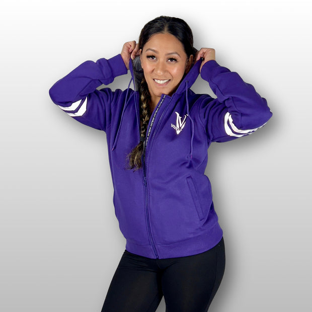 Viveloci Womens Kevlar Lined, Armored, Motorcycle Hoodie in Purple.  Reflective back, front and arm bands.  Removable CE Level 1 Armor in Shoulders, Elbows and Back. Two zippered pockets on the outside and one on the inside. 