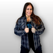 Nina wearing Viveloci Women's Grey and Black Kevlar Lined Armored Riding Flannel for women. Zipper and Snaps along front. Snaps on cuffs and collar