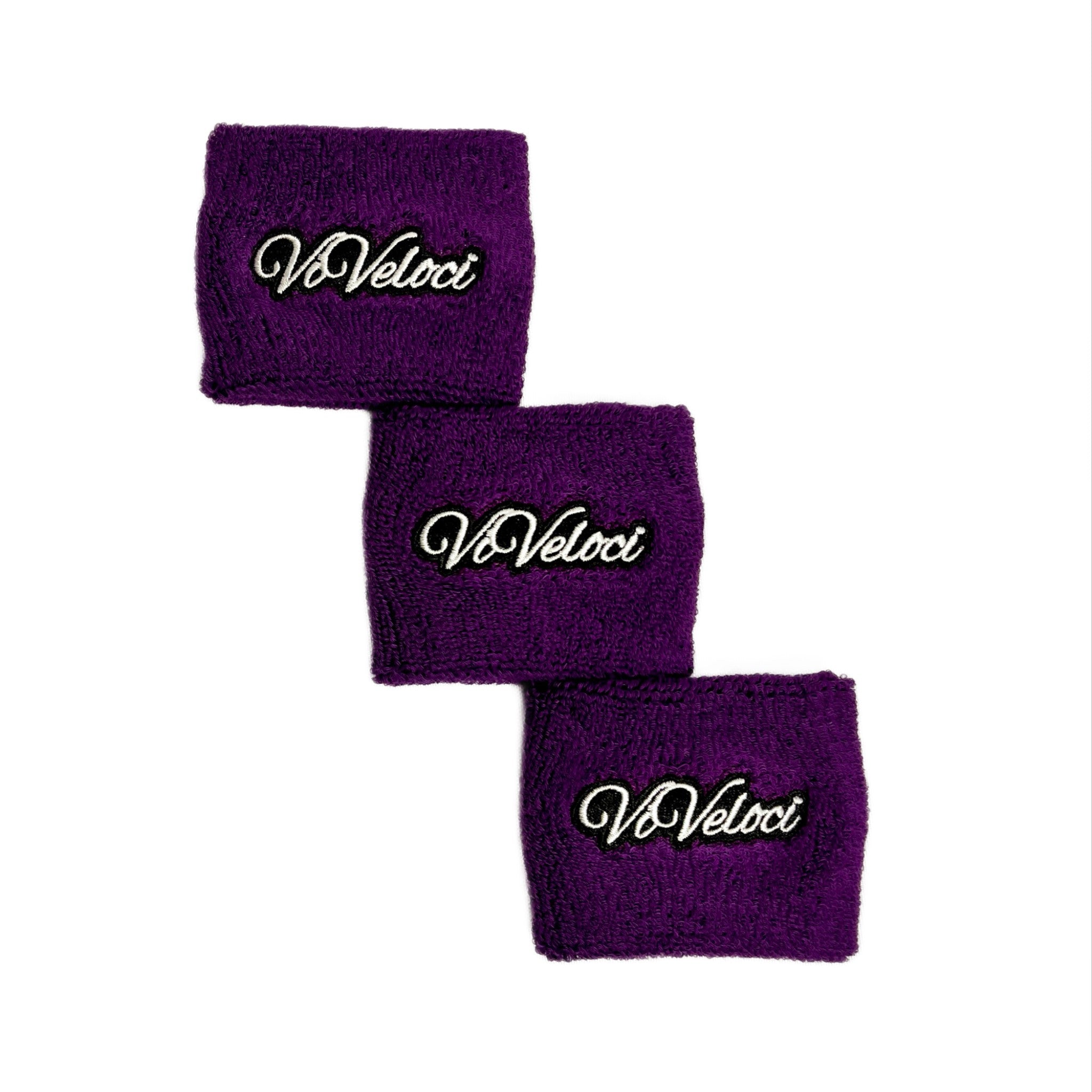 Purple Viveloci brake fluid reservoir socks for motorcycle- three in photograph